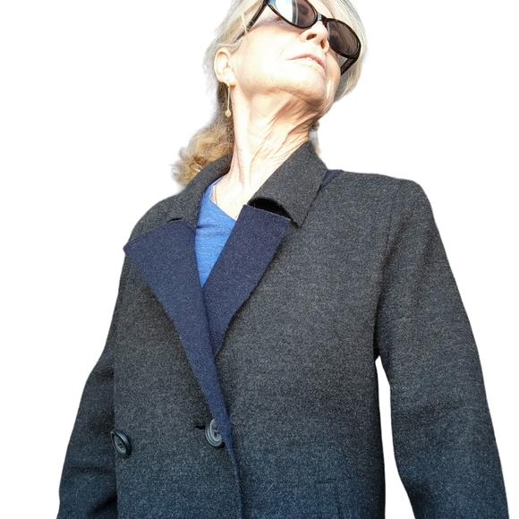 Anthropologie HWR Wool Blend Grey & Navy Classic Double Breasted Pea Coat Med - Picture 10 of 11